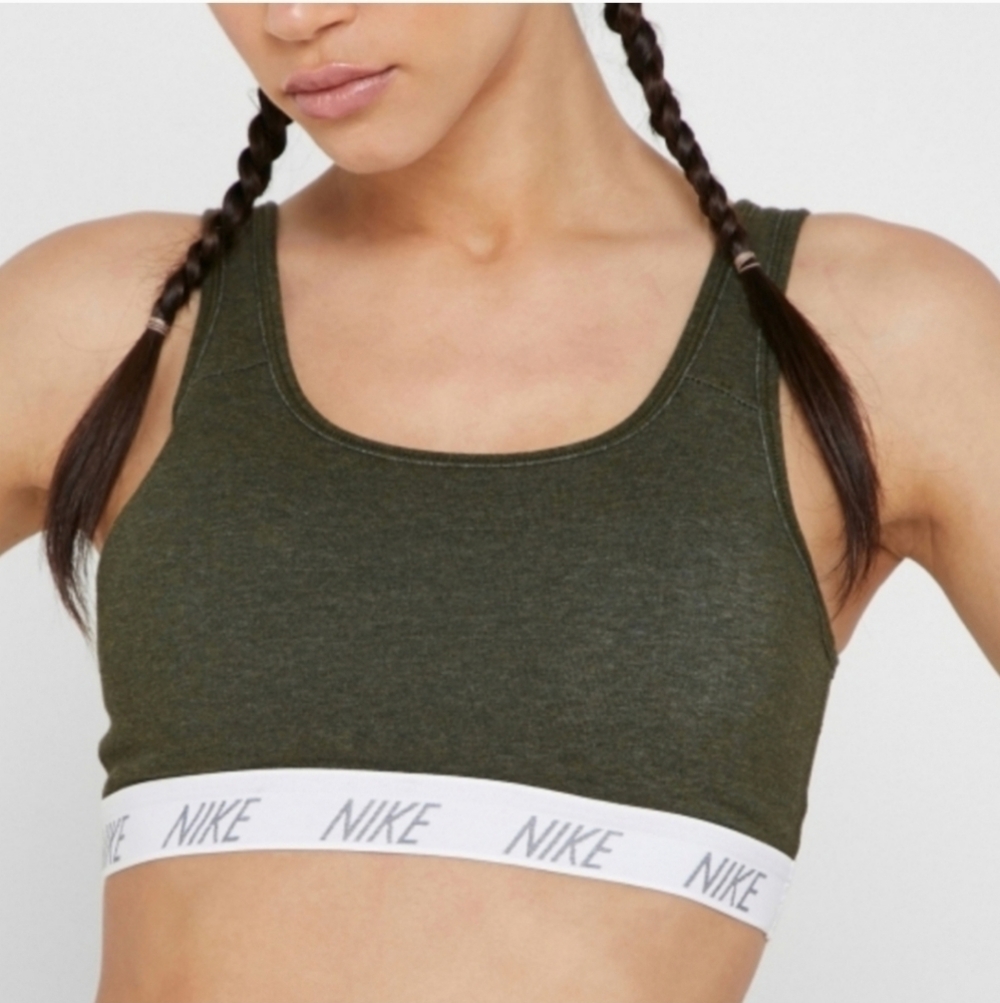 Nike Dri-Fit Olive Green Utility Swoosh Graphic Logo Classic Soft Bra